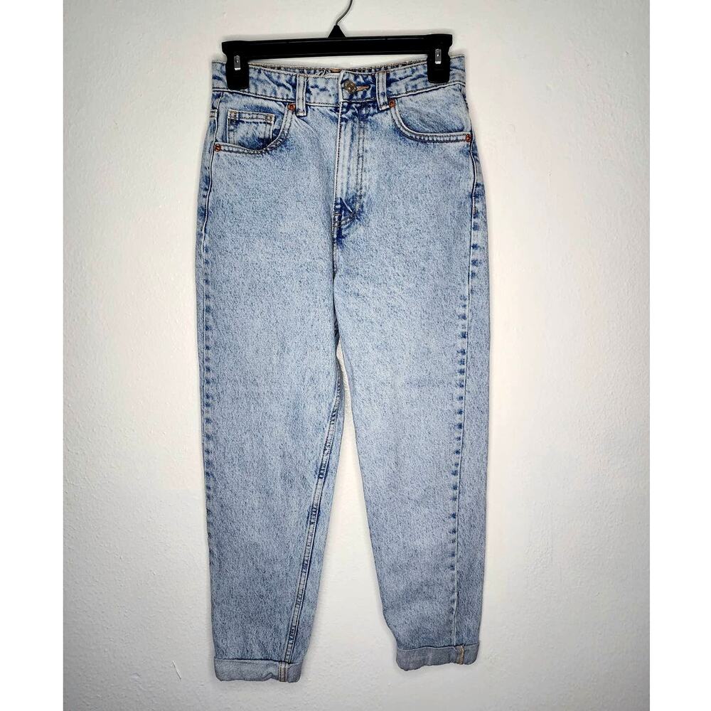 Zara Distressed High Waisted Mom Jeans in Light Wash
